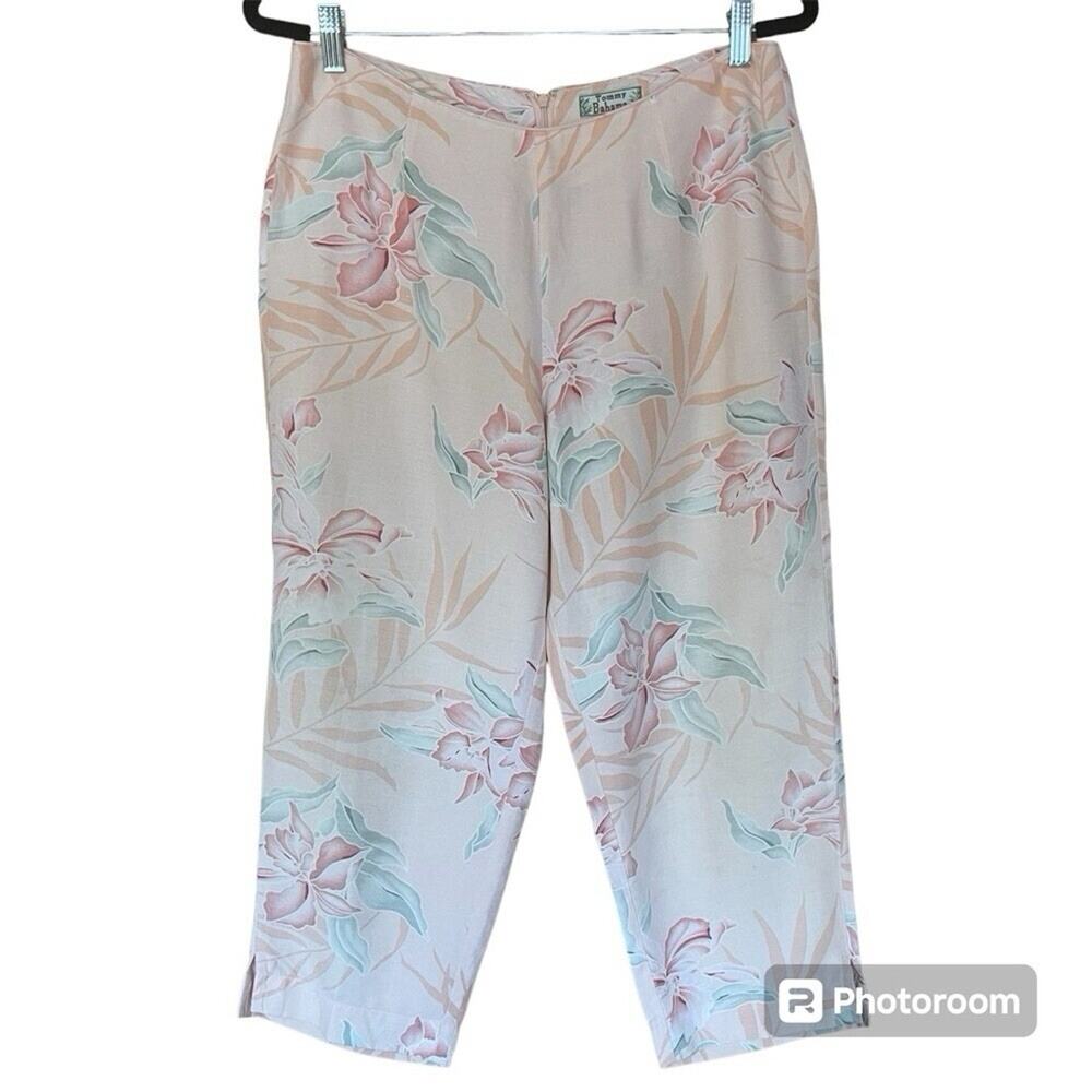 Tommy Bahama Silk & Linen Peach Floral Crop Pants Sz 12 Tropical Coastal Beachy